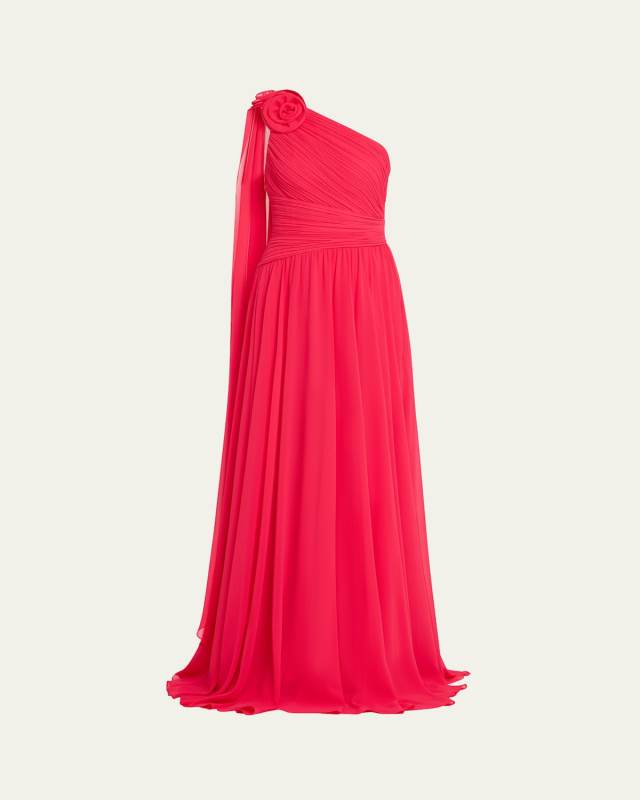 Draped One-Shoulder Pleated Chiffon Gown